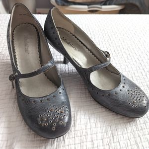 Blue Leather Mary Jane Kitten Heels with Grommet Details "Denim Jean" Look